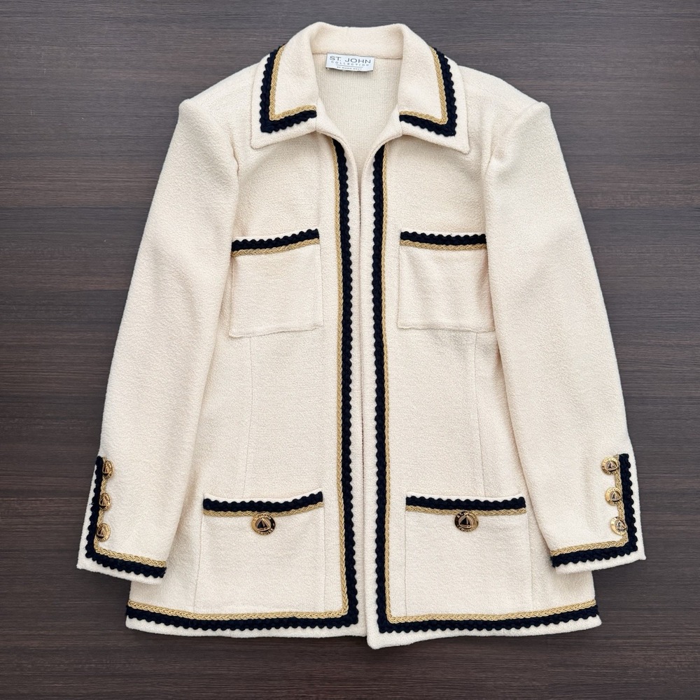 St. John Collection By Marie Gray Vintage Cardigan Jacket Cream Black - XL